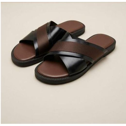 Fashion Men's Elegant Cross-Strap Leather Slide -Brown