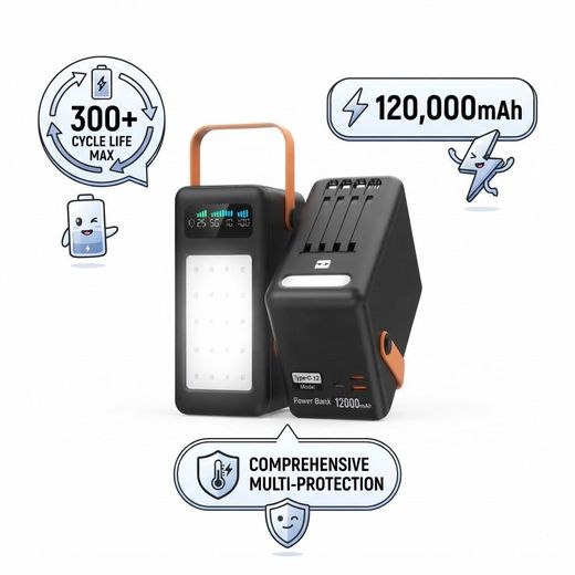 Get Power Bank 120000mAh - Rugged Fast Charge Power Bank with Cables Tent Power Bank with LED Lights 