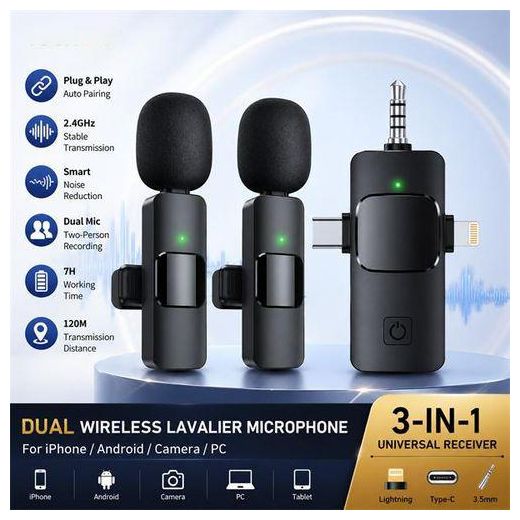 Generic K15 3-in-1 Wireless Lavalier Microphone with Type-C for iPhone, Android, and iPad (2 Microphones)
