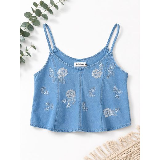 Fashion Light wash Denim White Floral Embroidered Cami Top-Blue