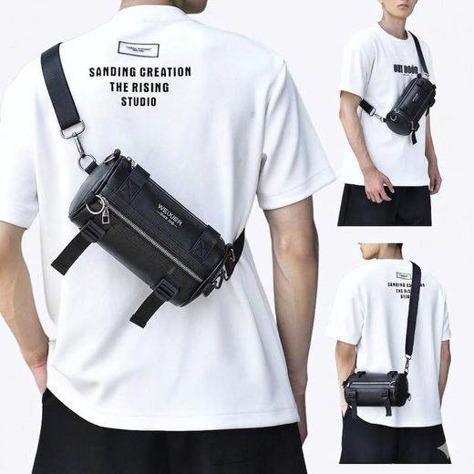 Fashion Men Waterproof PU Cylindrical Bag, Crossbody Shoulder Motorcycle Handlebar Travel Bag - image 3