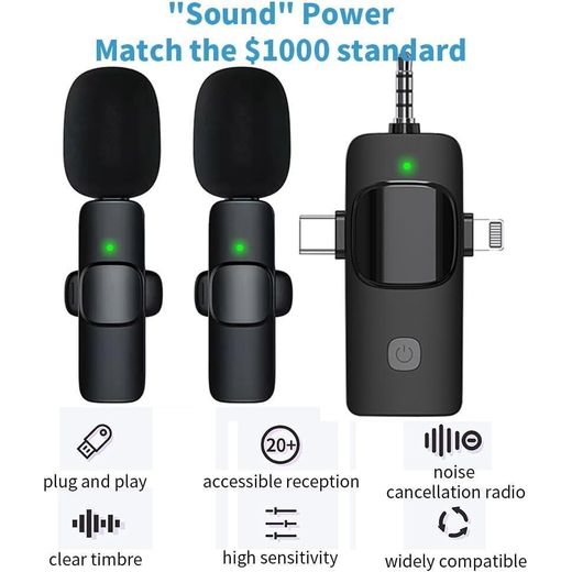 Generic 3 in 1 Wireless Lavalier Microphones for Android, iPhone, iPad, Camera, USB-C Microphone, 7-Hour Battery - image 2