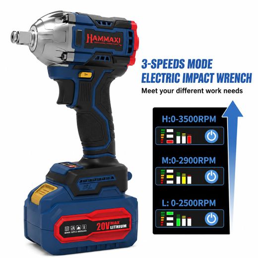 HAMMAXI Brushless Cordless Impact Wrench Machine Set Spanner Kit Electric Wireless Rechargeable wrench with 2 Batteries 1/2 Inch Drive Sockets Carrying Case - image 3