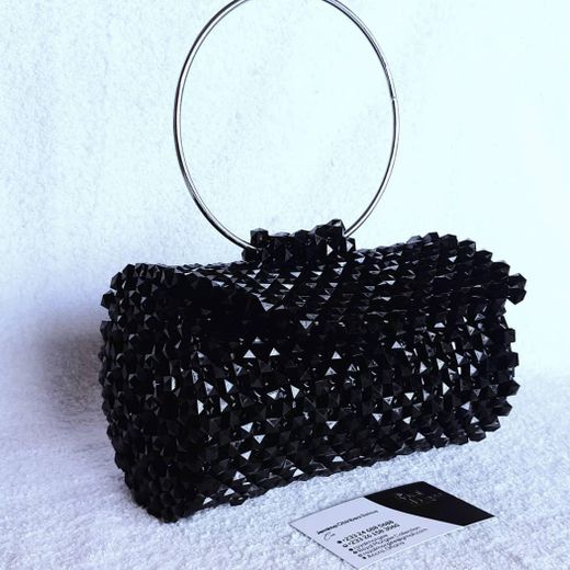 Handmade 3D Faceted Beaded Clutch Bag with Circular Metallic Handle - Black