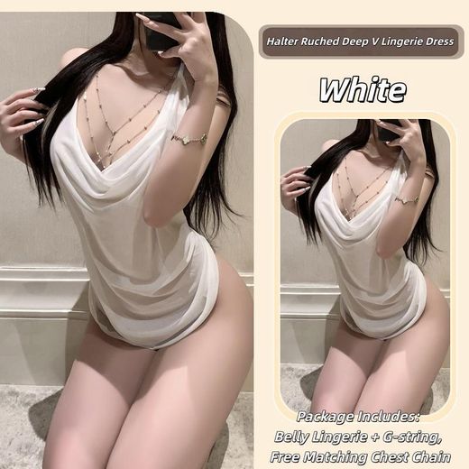 Fashion Pure Desire Mesh Halter Belly Lingerie Set, White - image 2