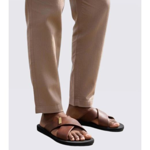 Sandal Slipper Fashion Men's Cross Slippers- Pure Leather Sandals Perfect Match With Kaftan-Brown