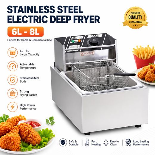 Stainless Steel Electric Deep Fryer 6L - 8L  2000W-5000W Kitchen Fryer Machine - Silver