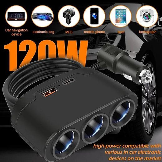 Generic 120W 3 Port Car Power Splitter with Dual USB Charger Socket - 12V/24V Multi Power Adapter Hub for Auto Truck SUV, 3.1A Fast Charging with PD Port, Blue LED Ring - image 3