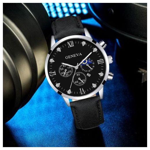 VOGUE BAZAAR Men's Black Quartz Watch & Beaded Bracelet Set, Leather Strap, Gift for Men   - Black - image 3