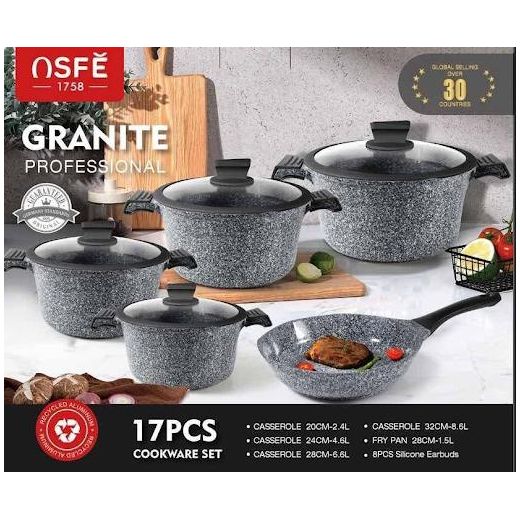 Generic OSFE 17Pcs Premium Quality Granite Cookware Set - Ceramic Marble Non-Stick Pot Medical Stone Die-Cast Aluminum Stockpot- 17Pcs -Grey
