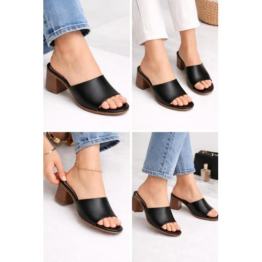 Women’s Classic Open-Toe Block Heel Slippers – Black