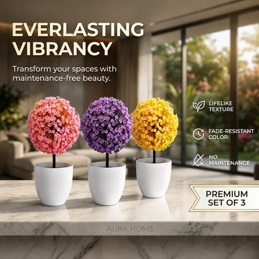 Generic ASCENT 3 Packs Artificial Ball Flower Potted Plants for Home Living Room,Office Tabletop Decor
