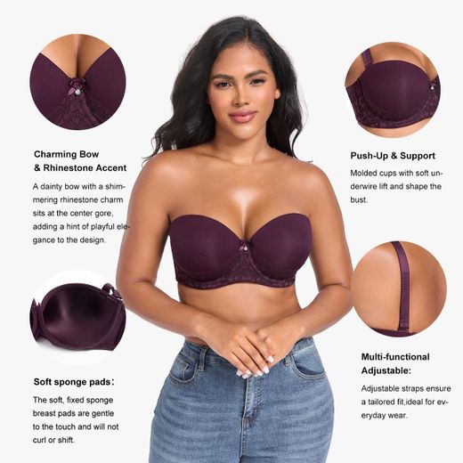 Binnys Guaranteed Black Balconette Bra,Polyamide Charming Bow Anti-Exposure Non-Removable Breast Pads, Heart-shaped Lace Trim, Women's Push up Bra - image 4