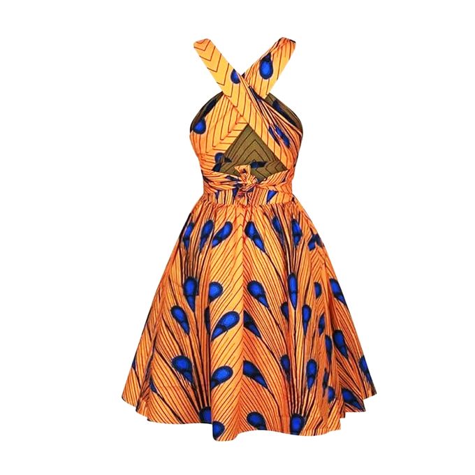 Shop Code Wear African Print Sleevess Dress - Orange/Blue Online ...