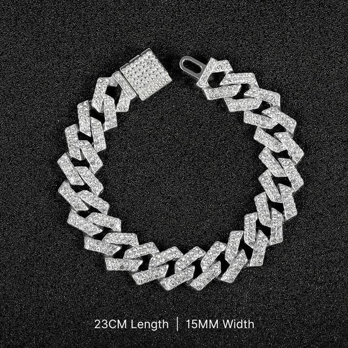 VOGUE BAZAAR Men's Cuban Iced Out Bracelet 15MM Width 23CM Length Hip Hop Chain, Extra Long