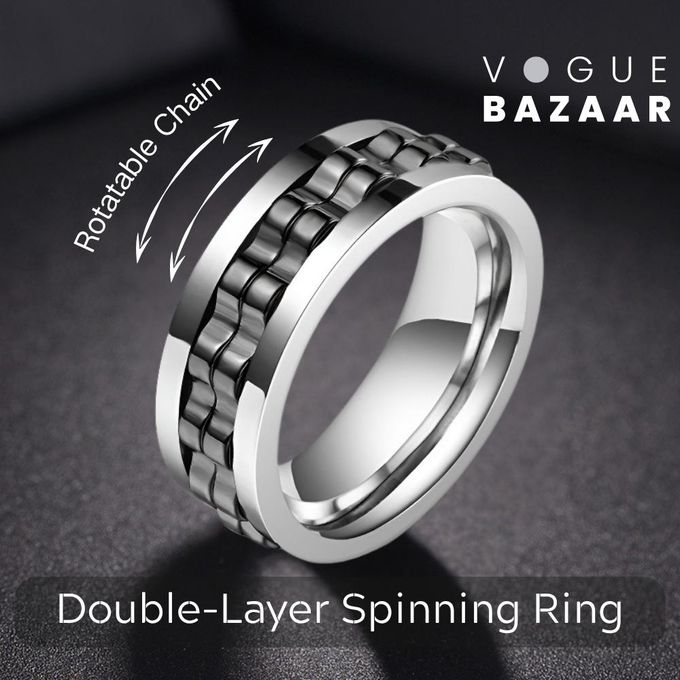 VOGUE BAZAAR Stainless Steel Spinning Ring for Men & Women - Anxiety Relief Fidget Rotating Band with Black Chain Inlay, Silver Titanium Fashion Jewelry