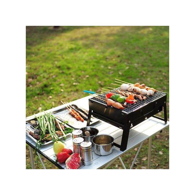 Portable Square Charcoal Grill - 12.2"x12.2" Tabletop BBQ For Camping, Picnics, Backyard - Includes Grill Net & Baking Tray (Black)