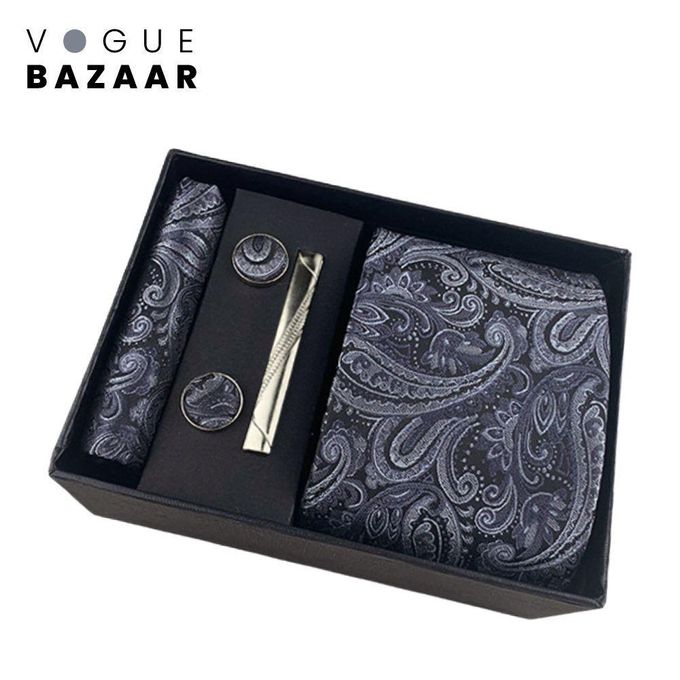 VOGUE BAZAAR 4-in-1 Necktie Pocket Square Tie Clip Cufflinks Set Gift Box for Men, Formal Business Wedding, Paisley Floral