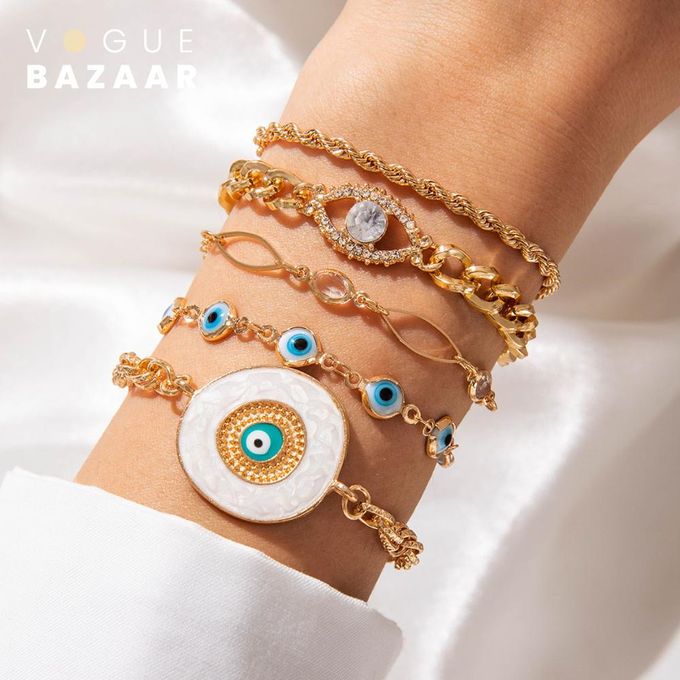 VOGUE BAZAAR 5 PCs Bohemian Evil Eye Bracelet Set, Rhinestone Accented & Elegant Design