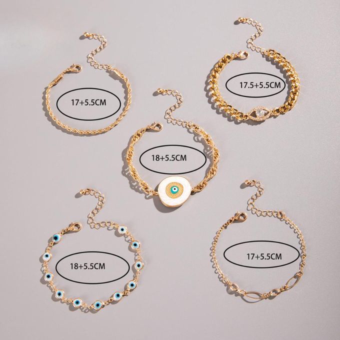VOGUE BAZAAR 5 PCs Bohemian Evil Eye Bracelet Set, Rhinestone Accented & Elegant Design - Image 2