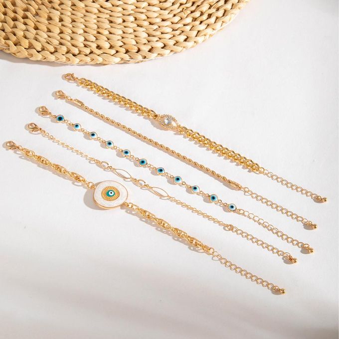 VOGUE BAZAAR 5 PCs Bohemian Evil Eye Bracelet Set, Rhinestone Accented & Elegant Design - Image 3