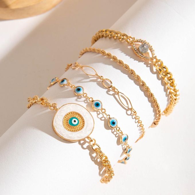 VOGUE BAZAAR 5 PCs Bohemian Evil Eye Bracelet Set, Rhinestone Accented & Elegant Design - Image 5
