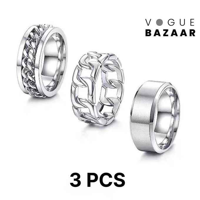 VOGUE BAZAAR 3 PCs Men's Ring Set, Stainless Jewelry Band Gift for Him, Cool Simple Band8MM Width Rotating Ring Set,Silvery