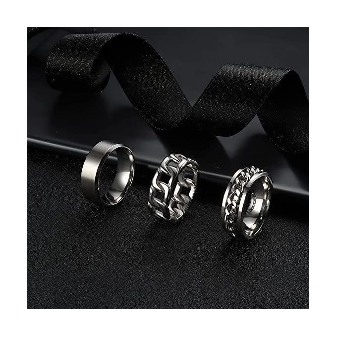 VOGUE BAZAAR 3 PCs Men's Ring Set, Stainless Jewelry Band Gift for Him, Cool Simple Band8MM Width Rotating Ring Set,Silvery - Image 4