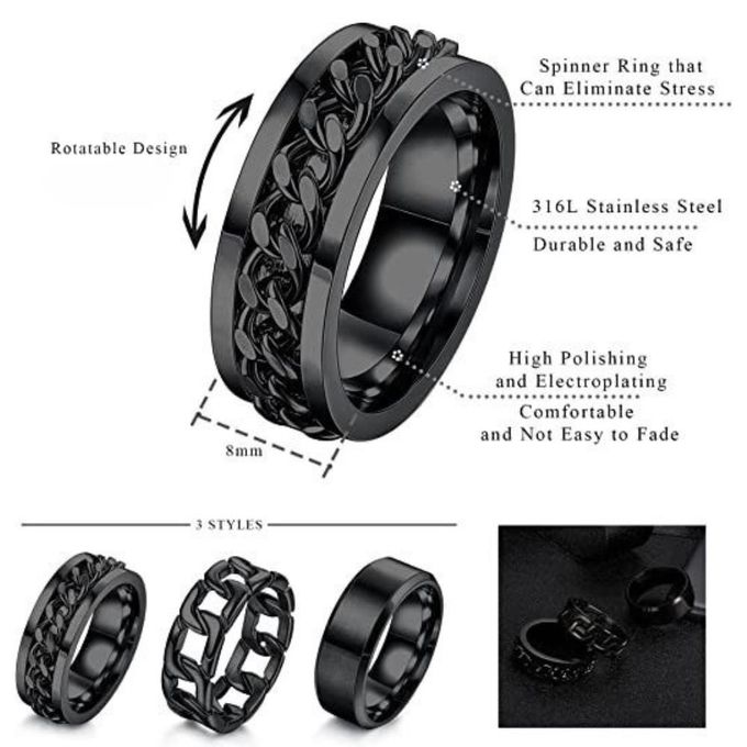 VOGUE BAZAAR 3 PCs Men's Ring Set, Stainless Jewelry Band Gift for Him, Cool Simple Band8MM Width Rotating Ring Set,Silvery - Image 5