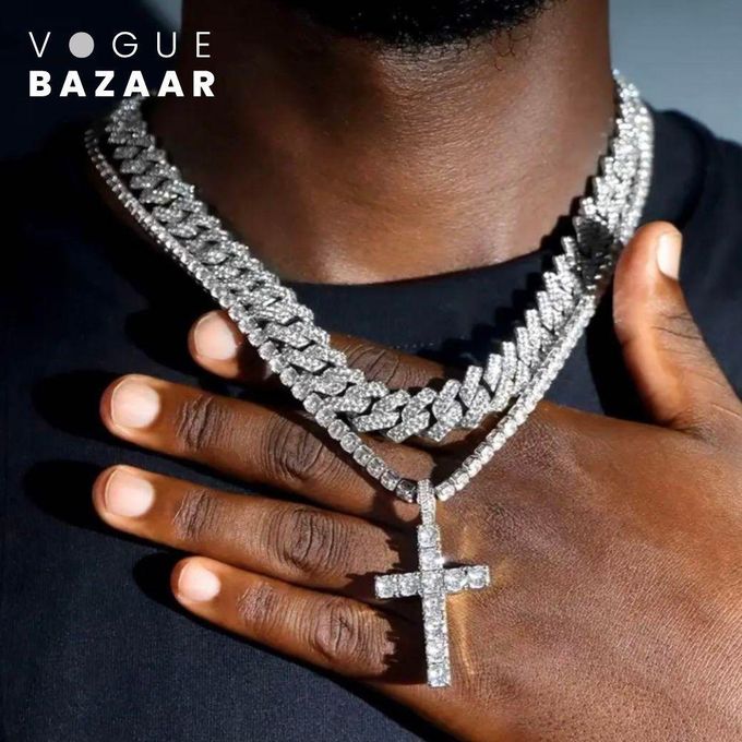 VOGUE BAZAAR 2 PCs Cuban Iced Out Link Necklace Set Cross Pendant Chain Hip Hop Punk Jewelry for Men Women
