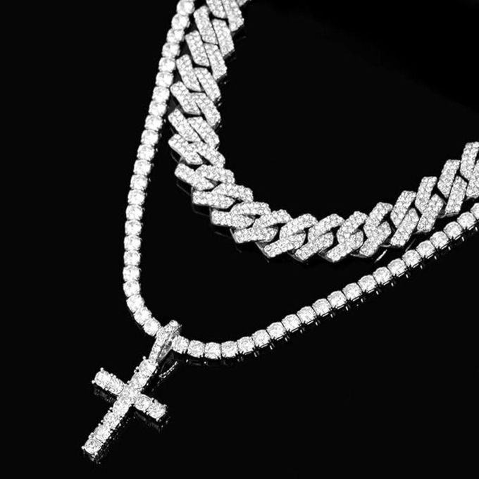 VOGUE BAZAAR 2 PCs Cuban Iced Out Link Necklace Set Cross Pendant Chain Hip Hop Punk Jewelry for Men Women - Image 2