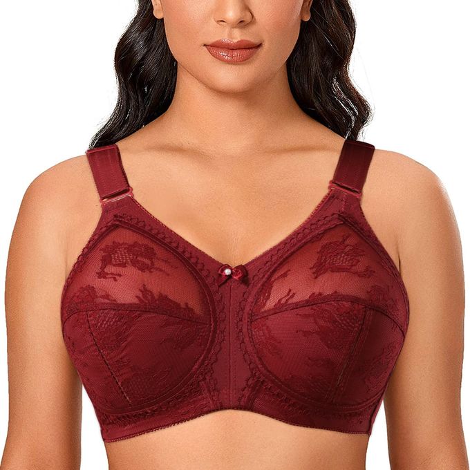  Womens Plus Size Full Coverage Underwire Unlined Minimizer  Lace Bra Dark Red 40H