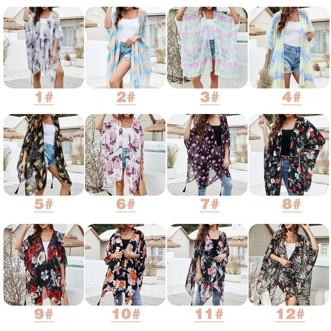 Shop Generic Women Loose Chiffon Kimono Floral Print Half Sleeve Open Front  Tassels Cardigan Summer Beach Boho Bikini Cover Up Online