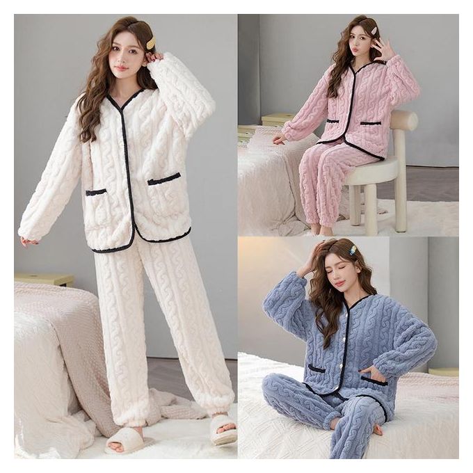 Winter Warm Flannel Women Pyjamas Sets Thick Coral Pijamas Women