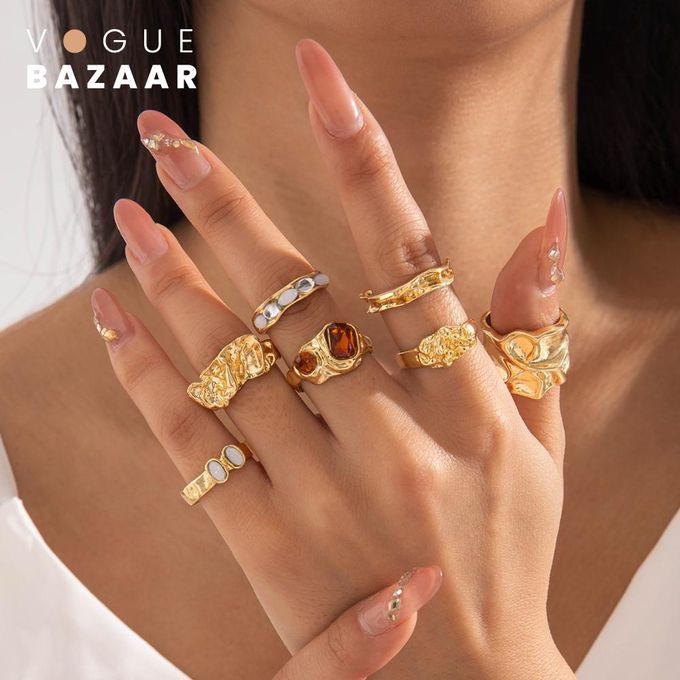 VOGUE BAZAAR 7-Piece Gold Irregular Gemstone Ring Set for Women, Vintage Unique & Fashionable