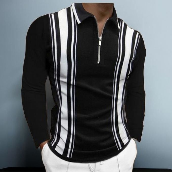 Shop Fashion Striped Stand-up Collar Long-sleeved Polo Shirt - Black ...
