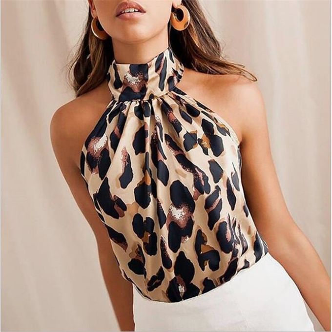 Lolmot Womens Casual Sleeveless Shirts Halter Neck Leopard Print