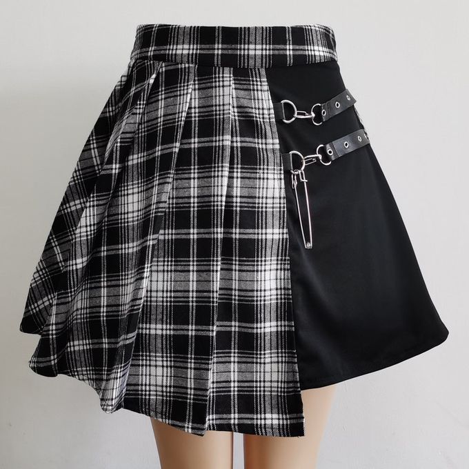 Plaid Pleated Skirt Black Shorts Belt 3in1 Skorts Set