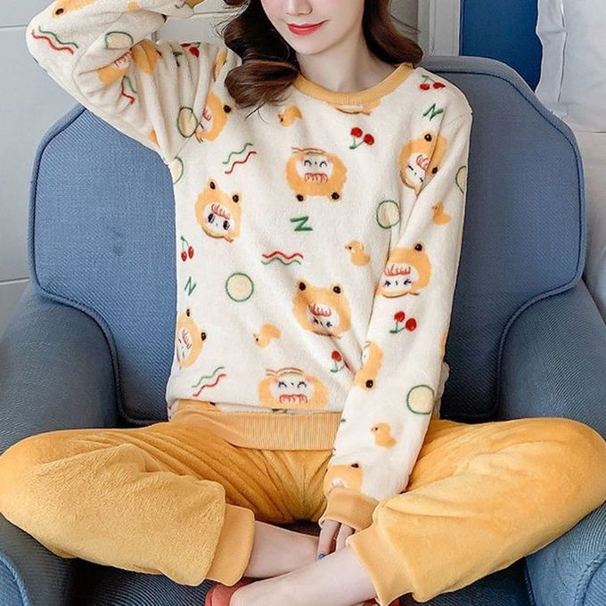 Shop Generic Winter Pajama Women Korean Sleepwear Cute Cartoon Flannel Pajamas  Set Velvet Warm Pijama Round Neck Pyjama Homewear Women Online | Jumia Ghana