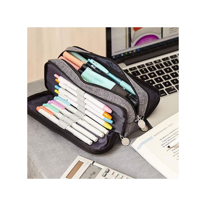 Generic ANGOO Large Pencil Case Big Capacity 3 Compartments Canvas