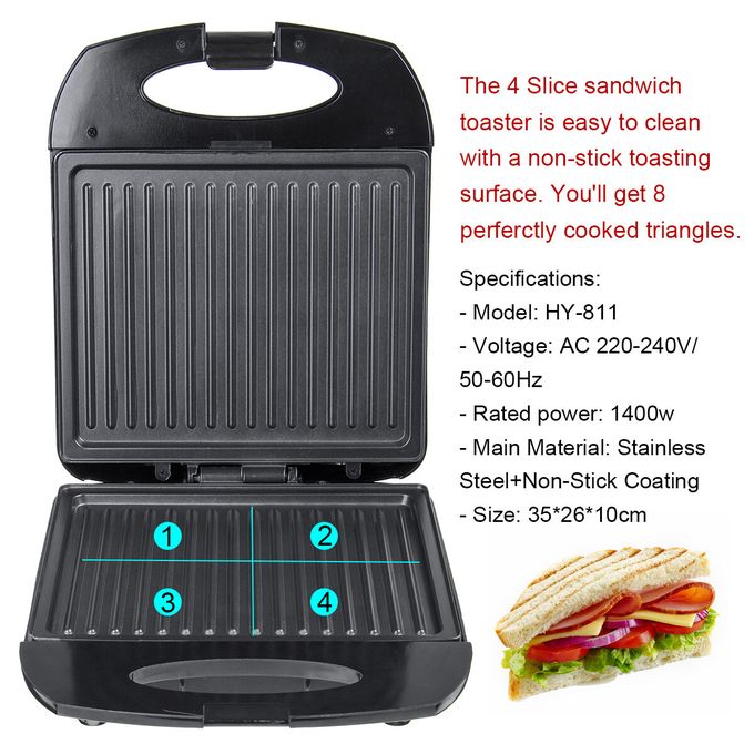 QUAD TOASTED SANDWICH TOASTER 4 SLICE TOASTIE MAKER MAKING MACHINE 1400W