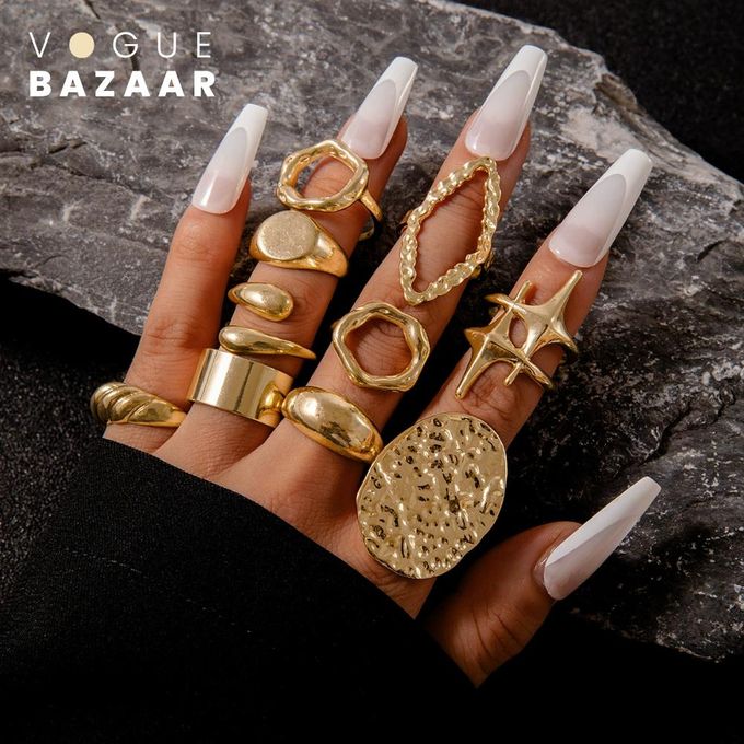 VOGUE BAZAAR 10-Piece Gold Open Ring Set for Women Girl, Vintage Irregular Design, Unique & Fashionable