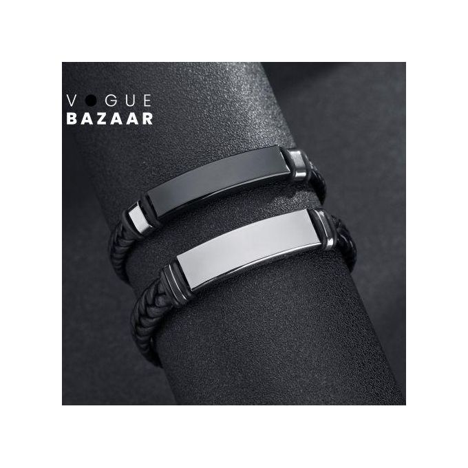 VOGUE BAZAAR 2 PCS Braided Leather Bracelet With Stainless Steel Chain Couple Wristband