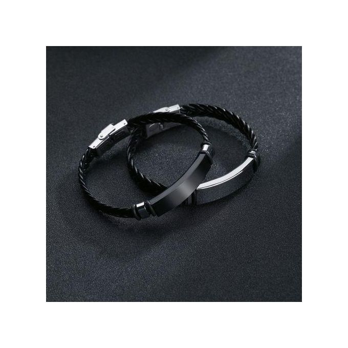 VOGUE BAZAAR 2 PCS Braided Leather Bracelet With Stainless Steel Chain Couple Wristband - Image 2