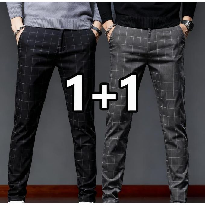 2-Pack Men's Plaid Straight Leg Casual Trousers - Black + Dark Grey