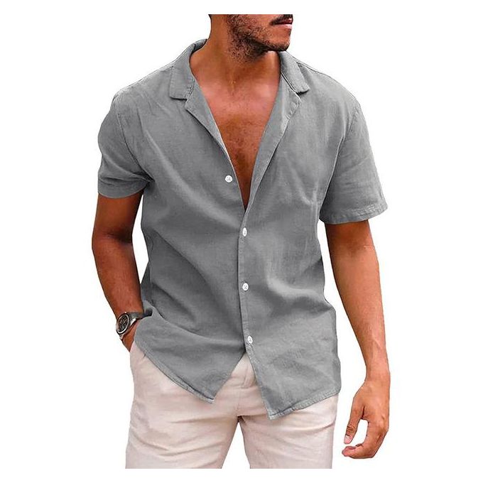 COSFO Linen Habit Shirts For Men Crew Neck Short Sleeve Peplum Solid Gray  Large